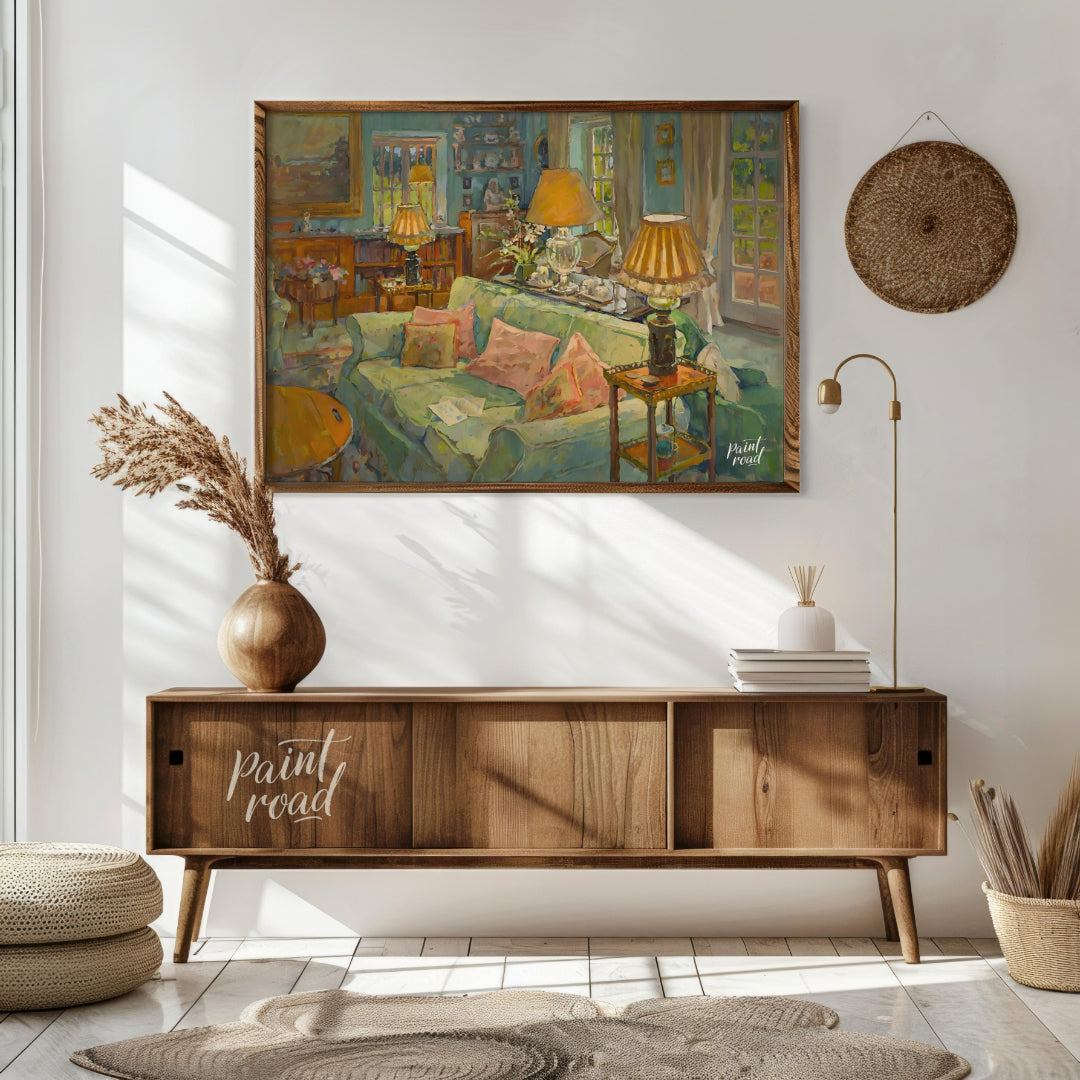 This painting captures a serene interior scene, bathed in soft, warm light. A plush, light-green so… for living room