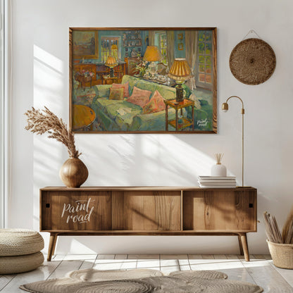 This painting captures a serene interior scene, bathed in soft, warm light. A plush, light-green so… for living room