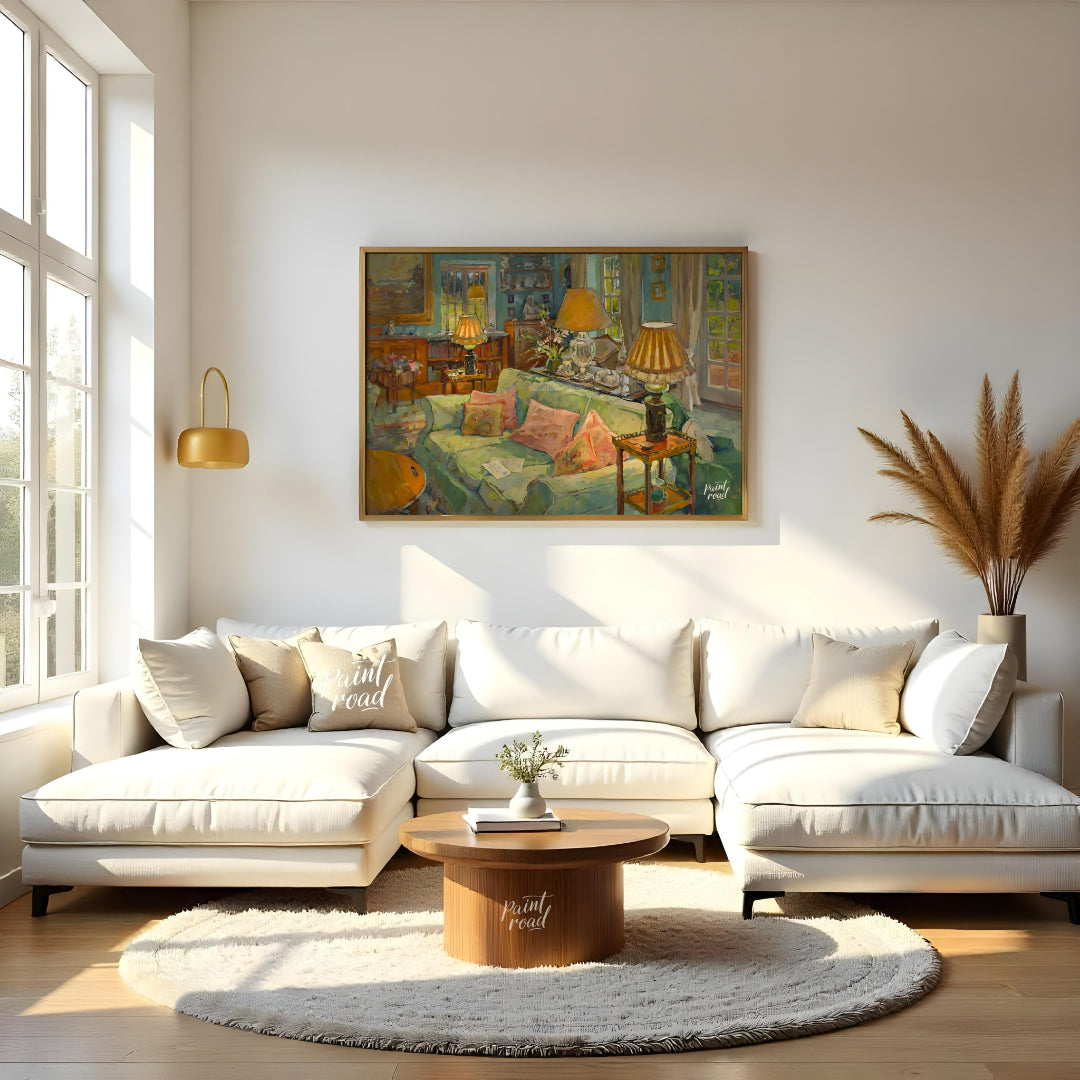 This painting captures a serene interior scene, bathed in soft, warm light. A plush, light-green so… for living room