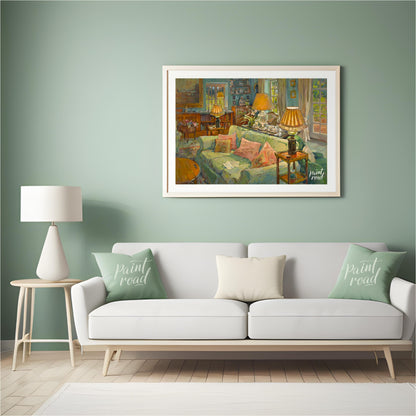 This painting captures a serene interior scene, bathed in soft, warm light. A plush, light-green so… for living room