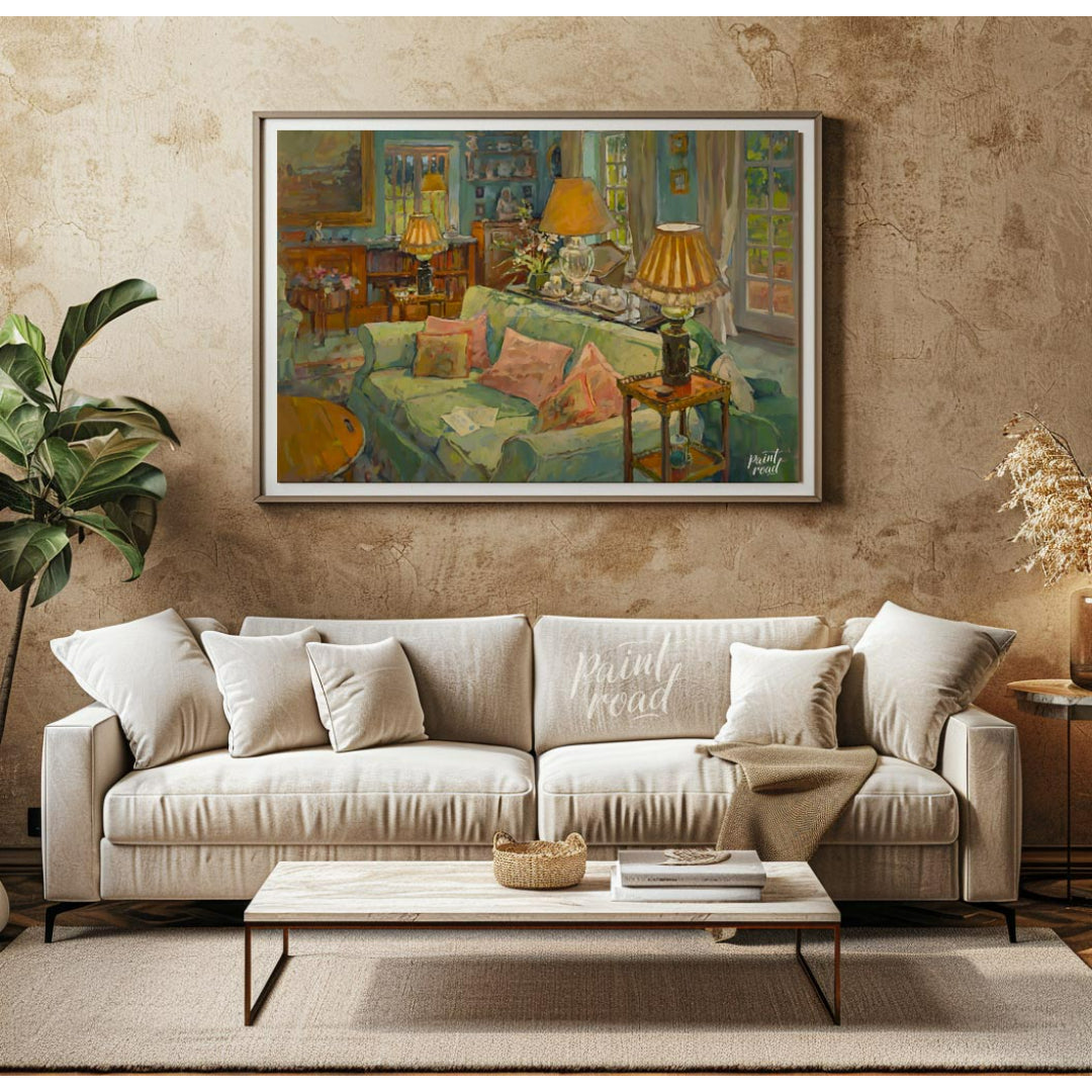 This painting captures a serene interior scene, bathed in soft, warm light. A plush, light-green so… for living room
