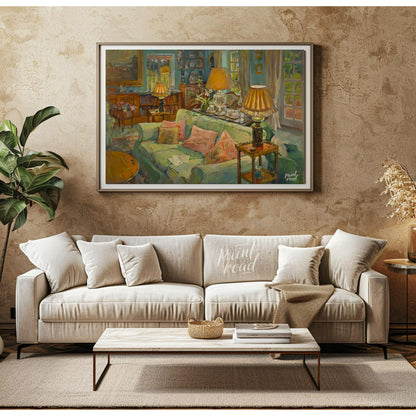 This painting captures a serene interior scene, bathed in soft, warm light. A plush, light-green so… for living room