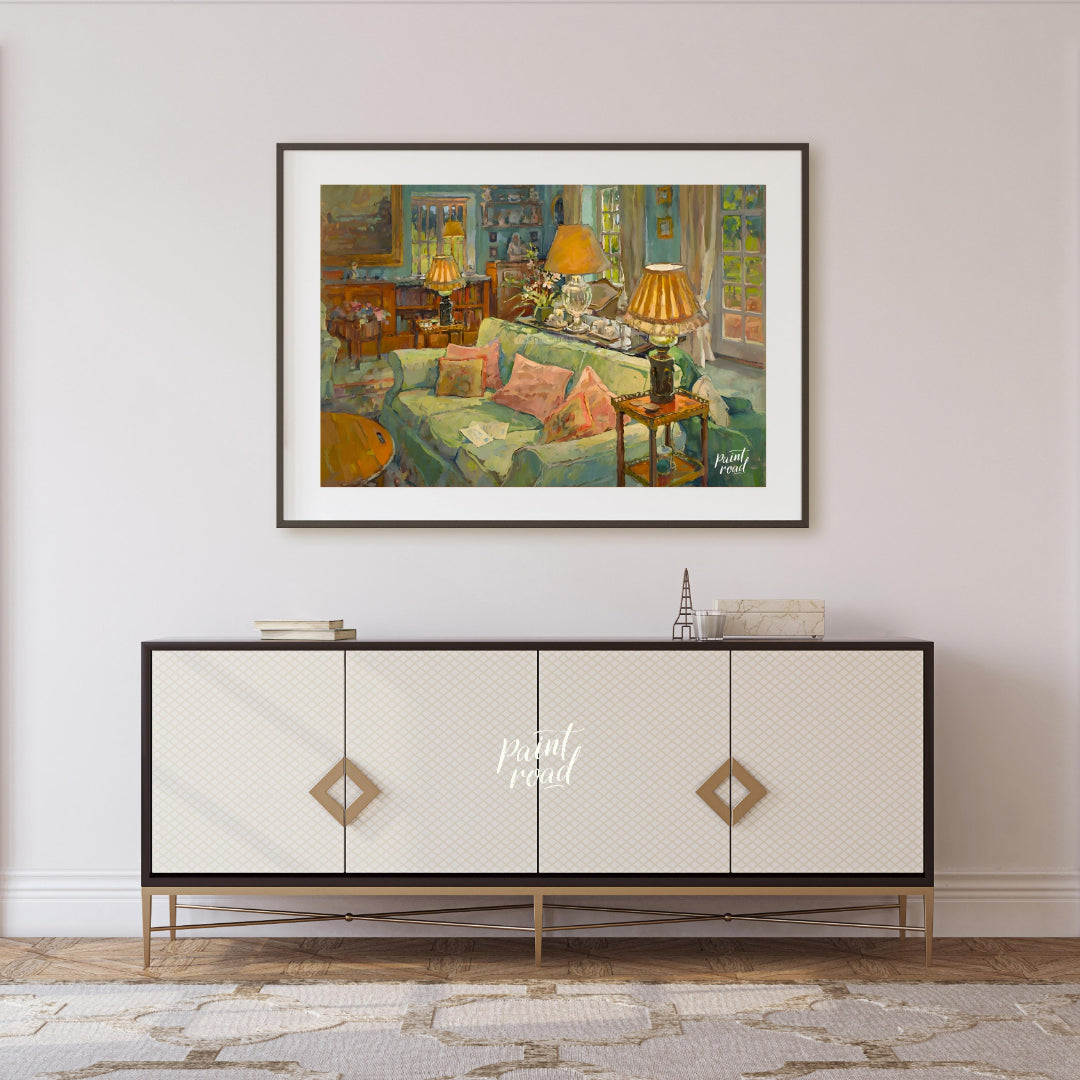 This painting captures a serene interior scene, bathed in soft, warm light. A plush, light-green so… for living room