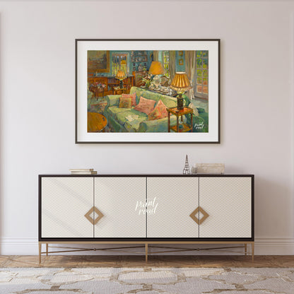 This painting captures a serene interior scene, bathed in soft, warm light. A plush, light-green so… for living room