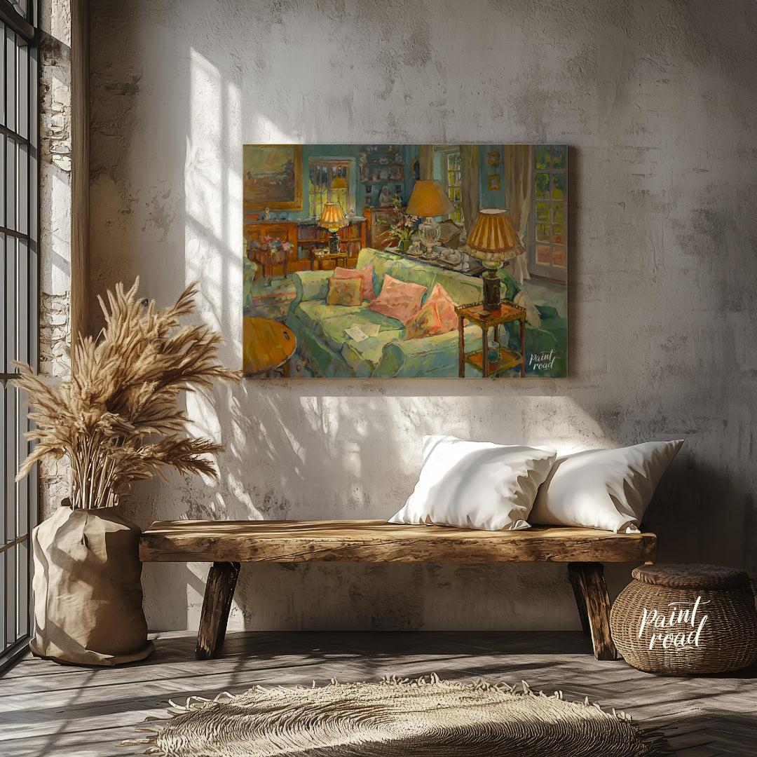 This painting captures a serene interior scene, bathed in soft, warm light. A plush, light-green so… for living room