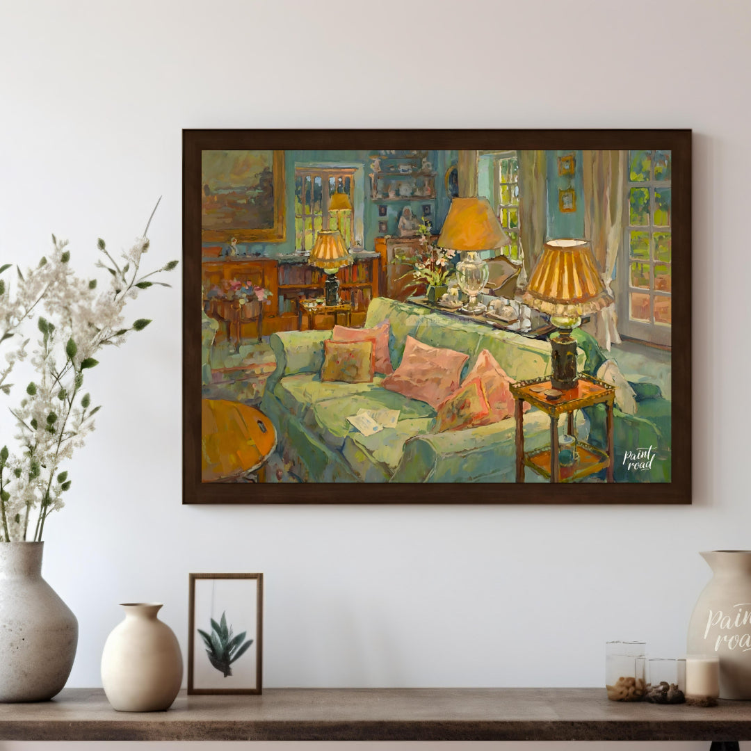 This painting captures a serene interior scene, bathed in soft, warm light. A plush, light-green so… for other