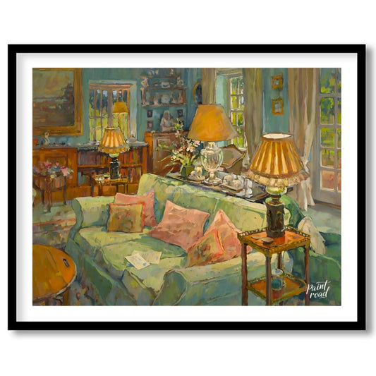 This painting captures a serene interior scene, bathed in soft, warm light. A plush, light-green so… for place