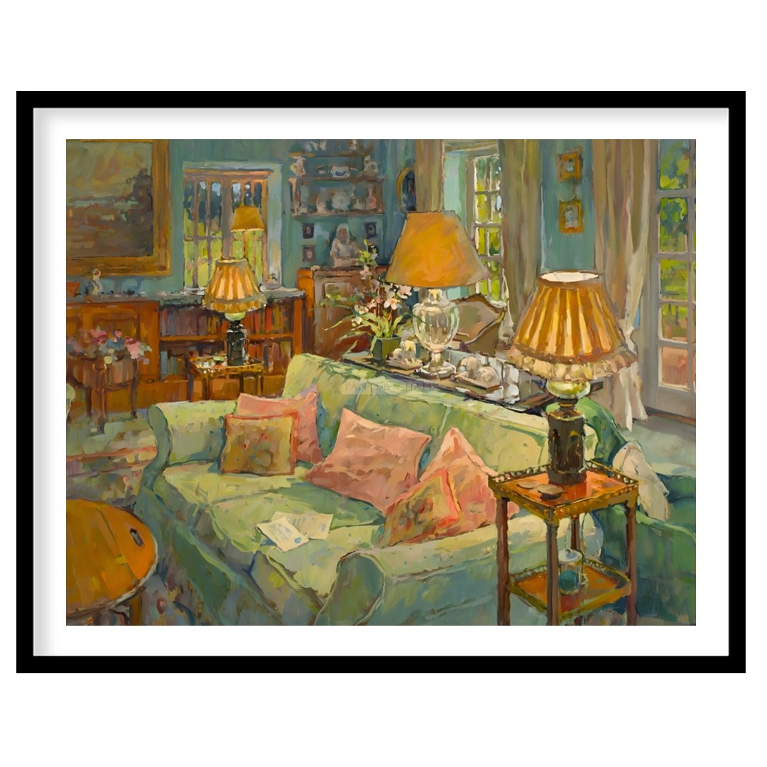 This painting captures a serene interior scene, bathed in soft, warm light. A plush, light-green so… for place