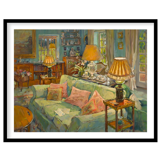 This painting captures a serene interior scene, bathed in soft, warm light. A plush, light-green so… for place