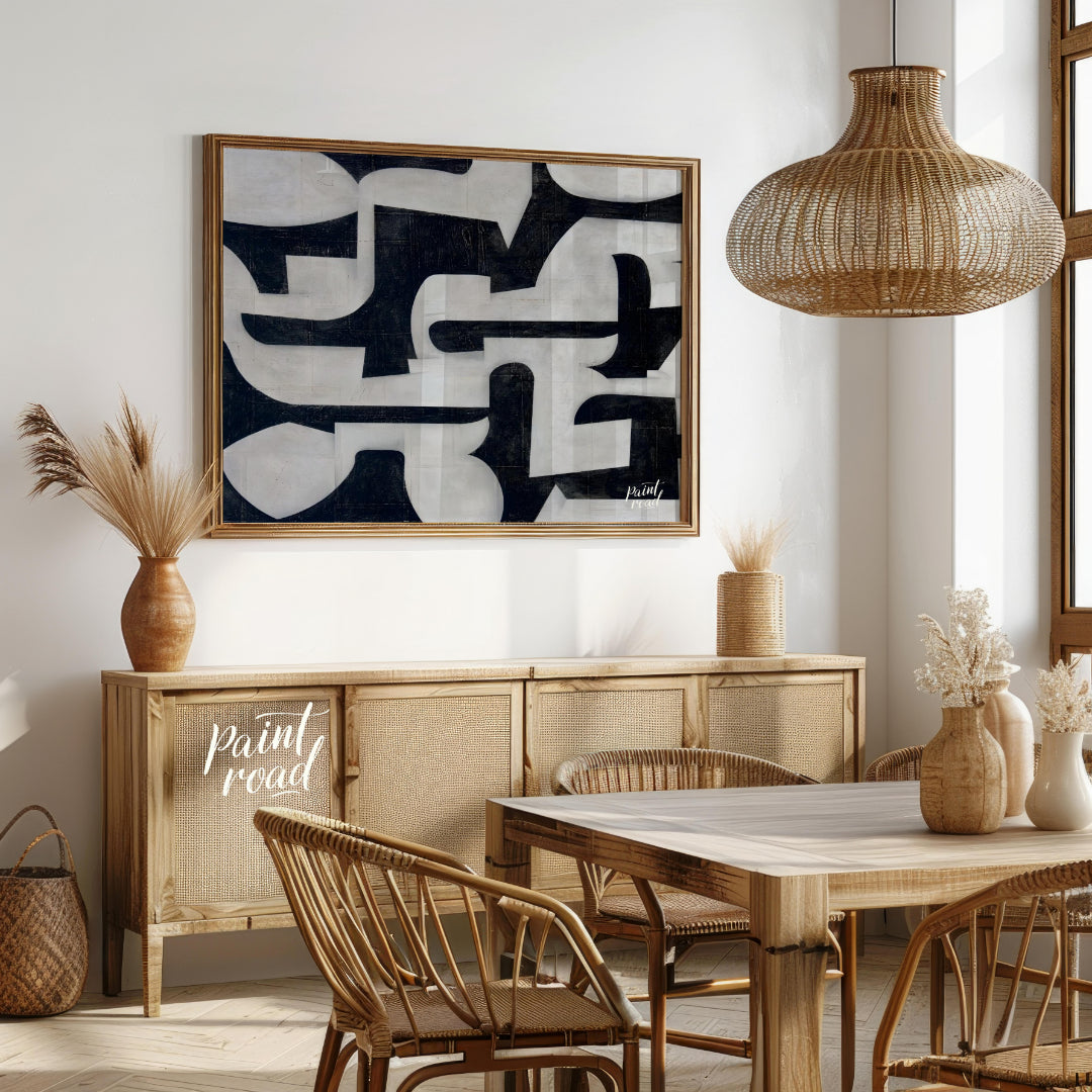 """Interlocking Forms"" presents a striking composition of abstract shapes in stark black and white… for dining room