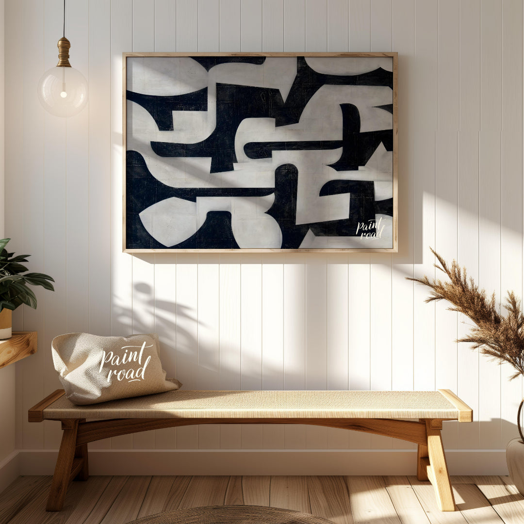"""Interlocking Forms"" presents a striking composition of abstract shapes in stark black and white… for entryway