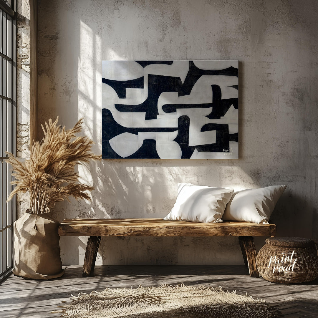 """Interlocking Forms"" presents a striking composition of abstract shapes in stark black and white… for entryway