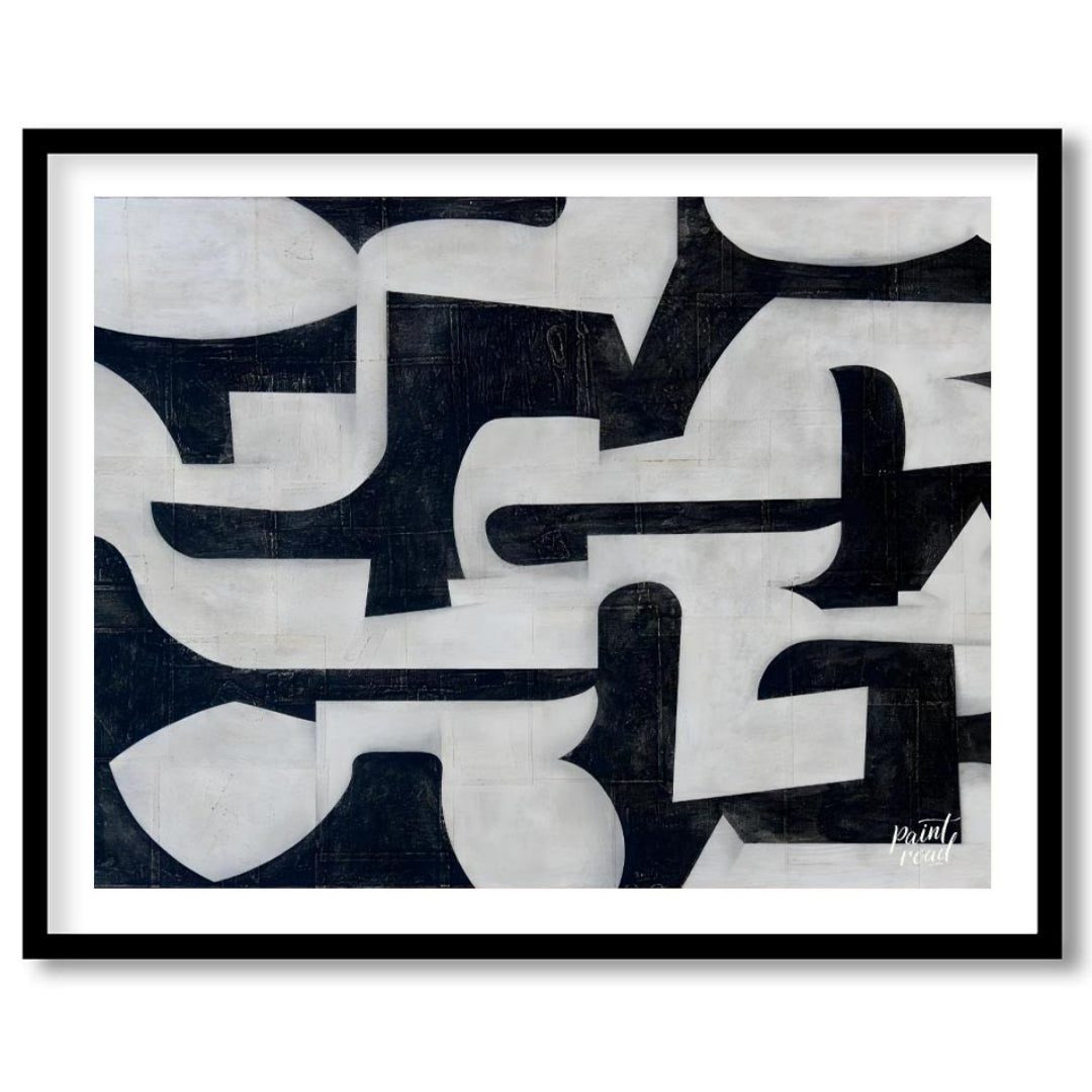 """Interlocking Forms"" presents a striking composition of abstract shapes in stark black and white… for home