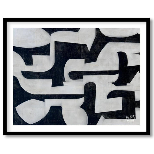 """Interlocking Forms"" presents a striking composition of abstract shapes in stark black and white… for home