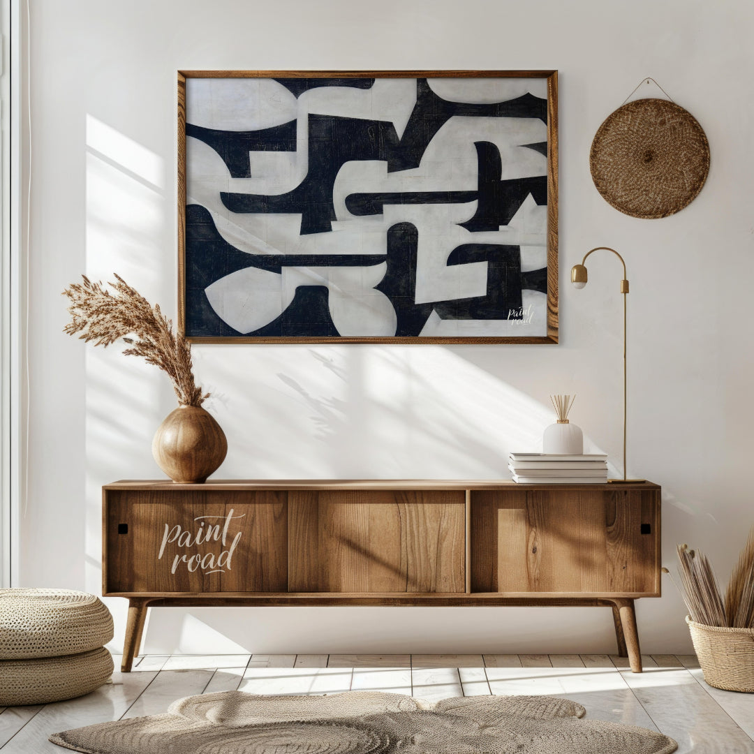 """Interlocking Forms"" presents a striking composition of abstract shapes in stark black and white… for living room