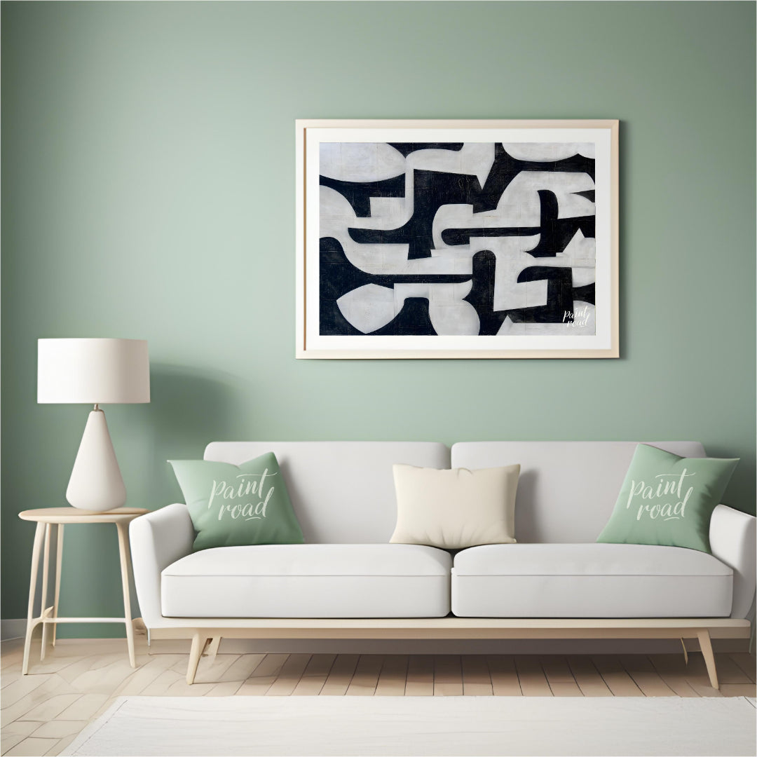 """Interlocking Forms"" presents a striking composition of abstract shapes in stark black and white… for living room