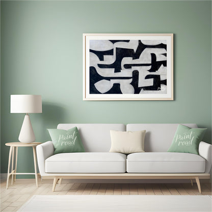 """Interlocking Forms"" presents a striking composition of abstract shapes in stark black and white… for living room