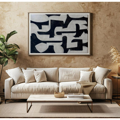 """Interlocking Forms"" presents a striking composition of abstract shapes in stark black and white… for living room