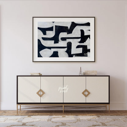 """Interlocking Forms"" presents a striking composition of abstract shapes in stark black and white… for living room
