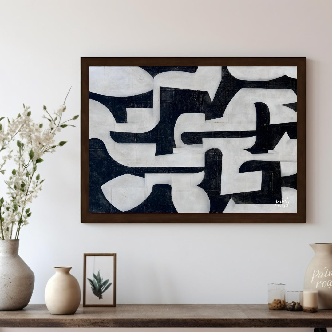 """Interlocking Forms"" presents a striking composition of abstract shapes in stark black and white… for living room