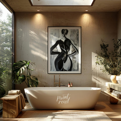 This abstract painting features two figures intertwined in a dance-like embrace, rendered in bold b… for bathroom