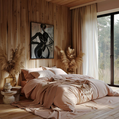 This abstract painting features two figures intertwined in a dance-like embrace, rendered in bold b… for bedroom