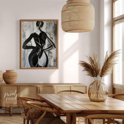 This abstract painting features two figures intertwined in a dance-like embrace, rendered in bold b… for dining room