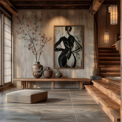 This abstract painting features two figures intertwined in a dance-like embrace, rendered in bold b… for entryway