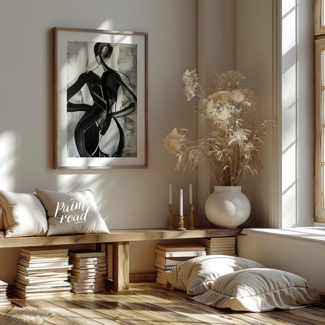 This abstract painting features two figures intertwined in a dance-like embrace, rendered in bold b… for living room
