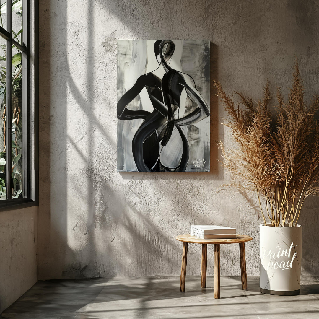 This abstract painting features two figures intertwined in a dance-like embrace, rendered in bold b… for living room