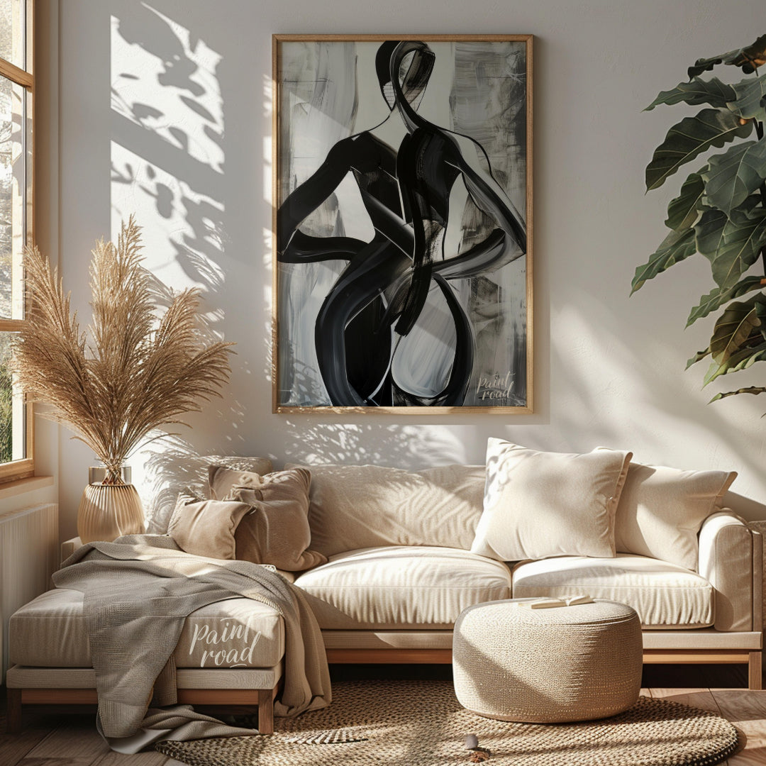 This abstract painting features two figures intertwined in a dance-like embrace, rendered in bold b… for living room