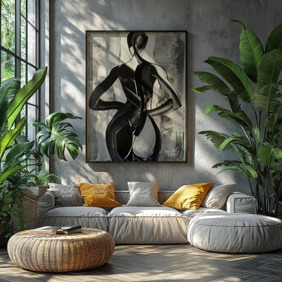 This abstract painting features two figures intertwined in a dance-like embrace, rendered in bold b… for living room