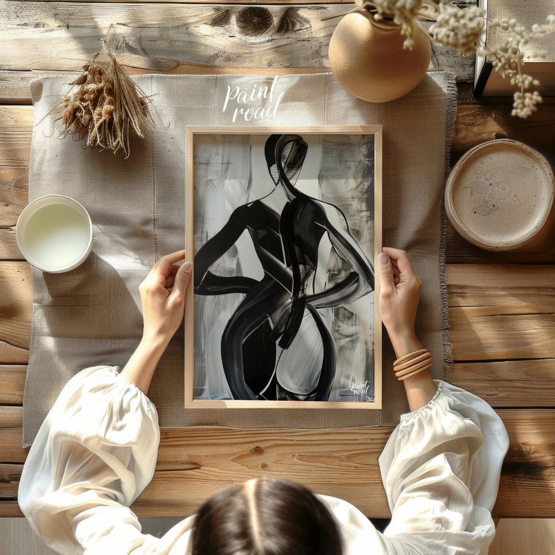 This abstract painting features two figures intertwined in a dance-like embrace, rendered in bold b… for other