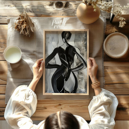 This abstract painting features two figures intertwined in a dance-like embrace, rendered in bold b… for other