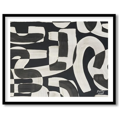 """Interwoven Rhythms"" presents a dynamic interplay of abstract shapes in bold black and white, cr… for area