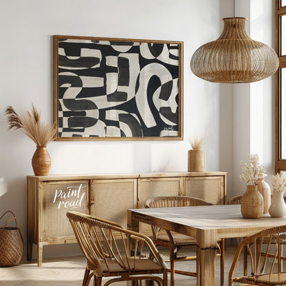 """Interwoven Rhythms"" presents a dynamic interplay of abstract shapes in bold black and white, cr… for dining room