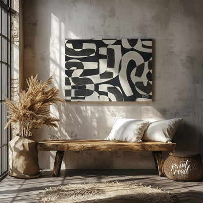 """Interwoven Rhythms"" presents a dynamic interplay of abstract shapes in bold black and white, cr… for entryway