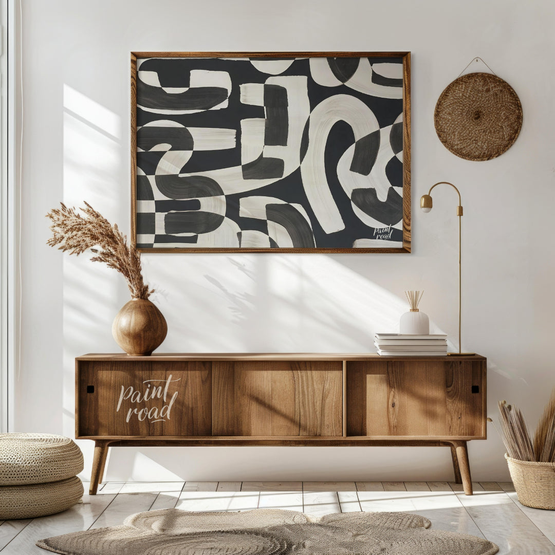 """Interwoven Rhythms"" presents a dynamic interplay of abstract shapes in bold black and white, cr… for living room
