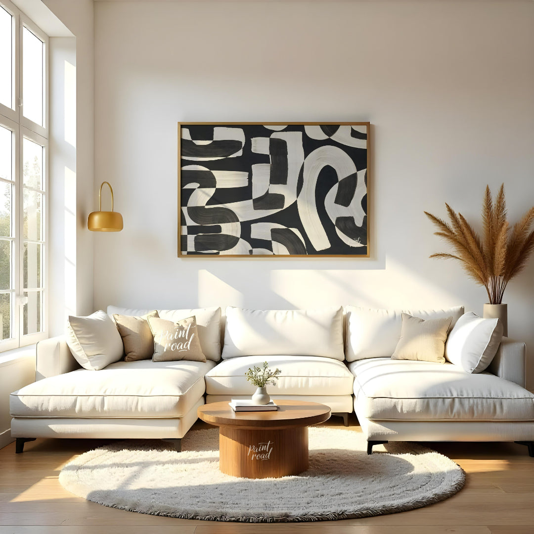"""Interwoven Rhythms"" presents a dynamic interplay of abstract shapes in bold black and white, cr… for living room