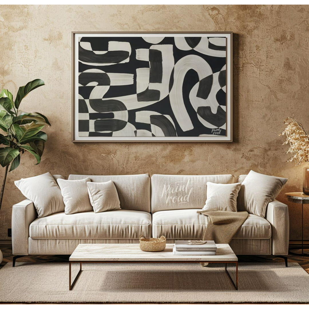 """Interwoven Rhythms"" presents a dynamic interplay of abstract shapes in bold black and white, cr… for living room
