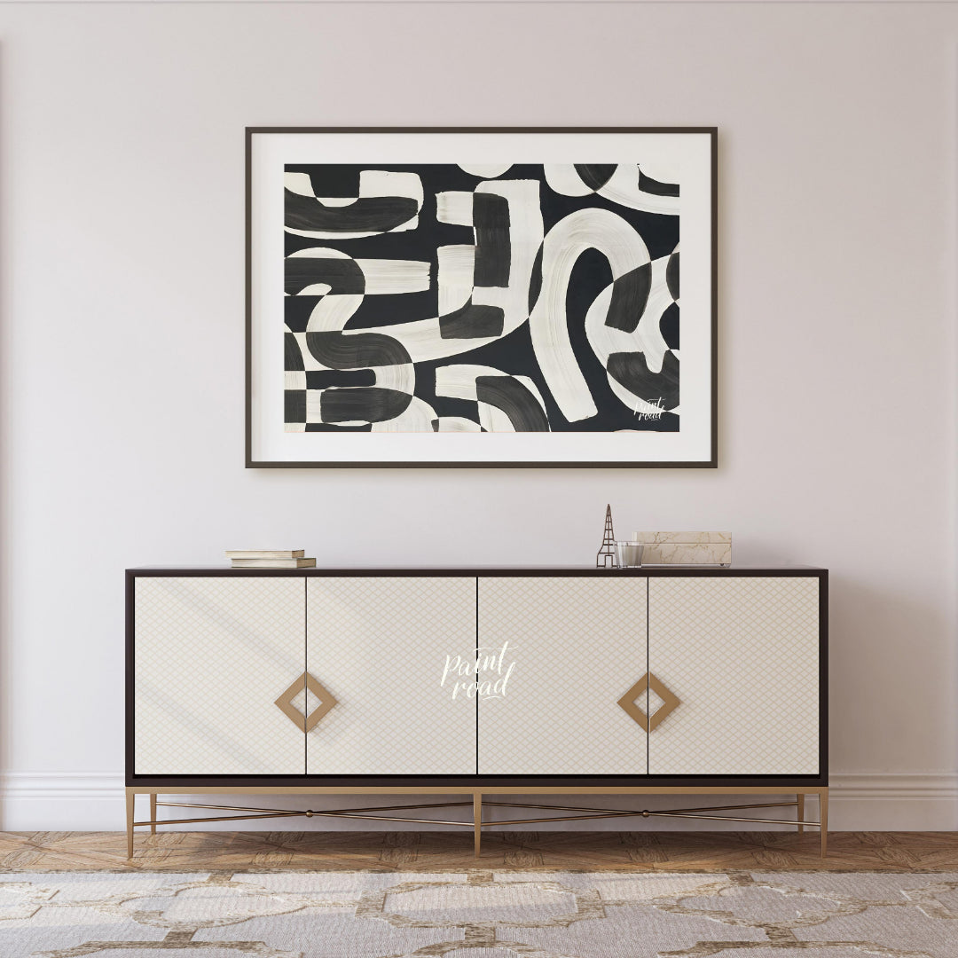 """Interwoven Rhythms"" presents a dynamic interplay of abstract shapes in bold black and white, cr… for living room