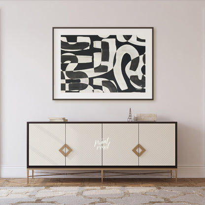 """Interwoven Rhythms"" presents a dynamic interplay of abstract shapes in bold black and white, cr… for living room