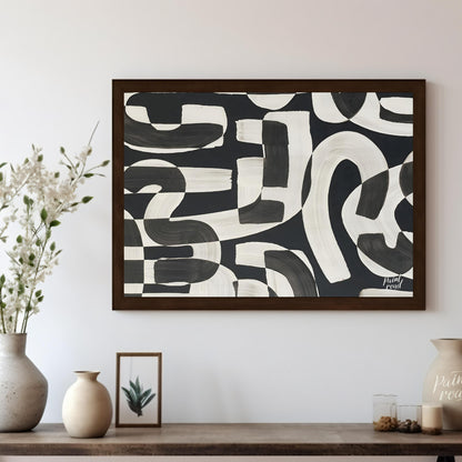 """Interwoven Rhythms"" presents a dynamic interplay of abstract shapes in bold black and white, cr… for living room