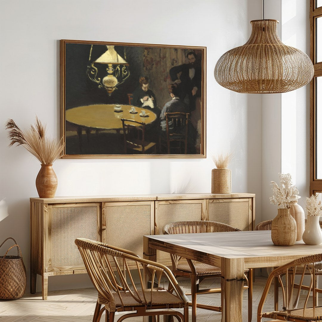 Capture the subtle elegance of a bygone era with this atmospheric artwork, depicting a quiet for Dining