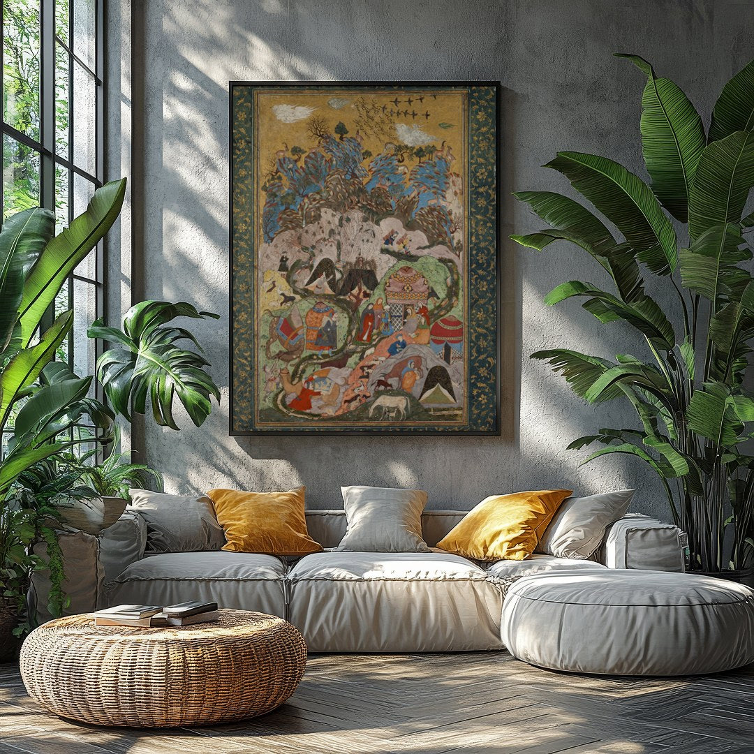 Immerse yourself in the vibrant world of this Persian miniature tapestry, showcasing intricate for Balcony