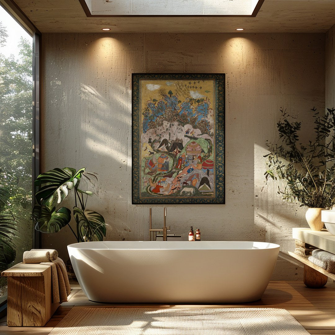 Immerse yourself in the vibrant world of this Persian miniature tapestry, showcasing intricate for Bathroom