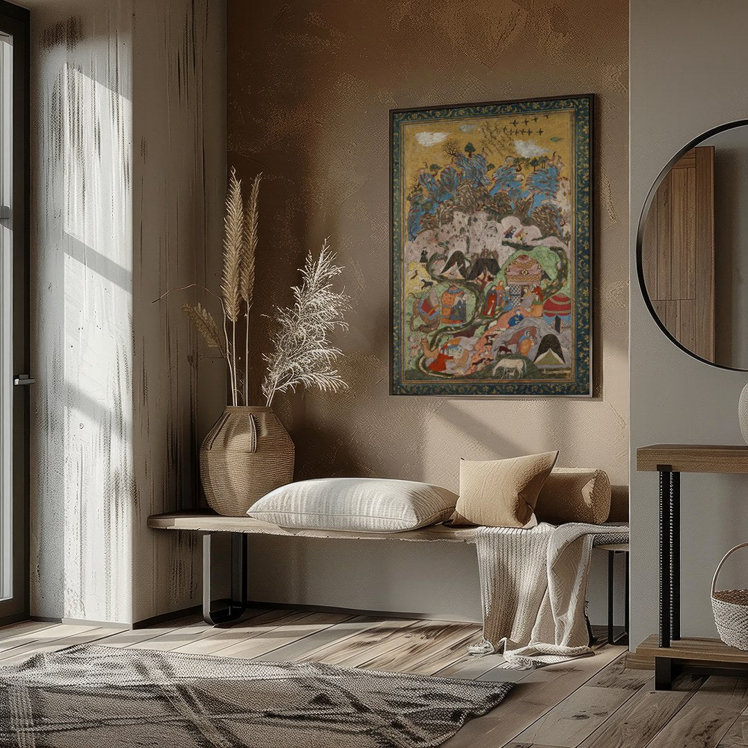 Immerse yourself in the vibrant world of this Persian miniature tapestry, showcasing intricate for decor
