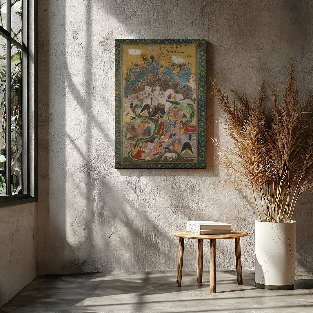 Immerse yourself in the vibrant world of this Persian miniature tapestry, showcasing intricate for Entrance