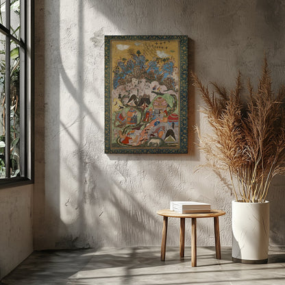 Immerse yourself in the vibrant world of this Persian miniature tapestry, showcasing intricate for Entrance