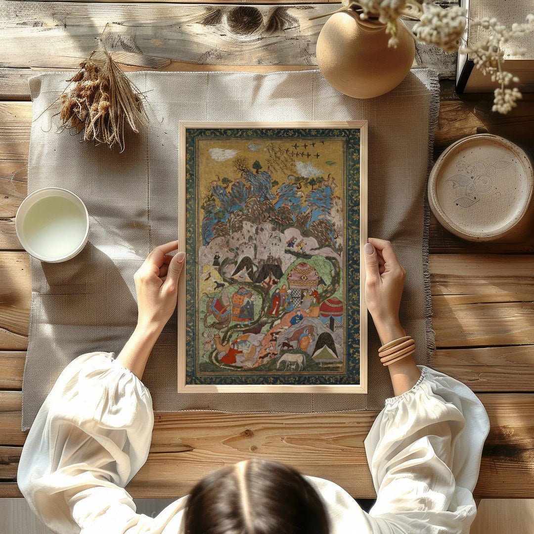 Immerse yourself in the vibrant world of this Persian miniature tapestry, showcasing intricate for Kitchen